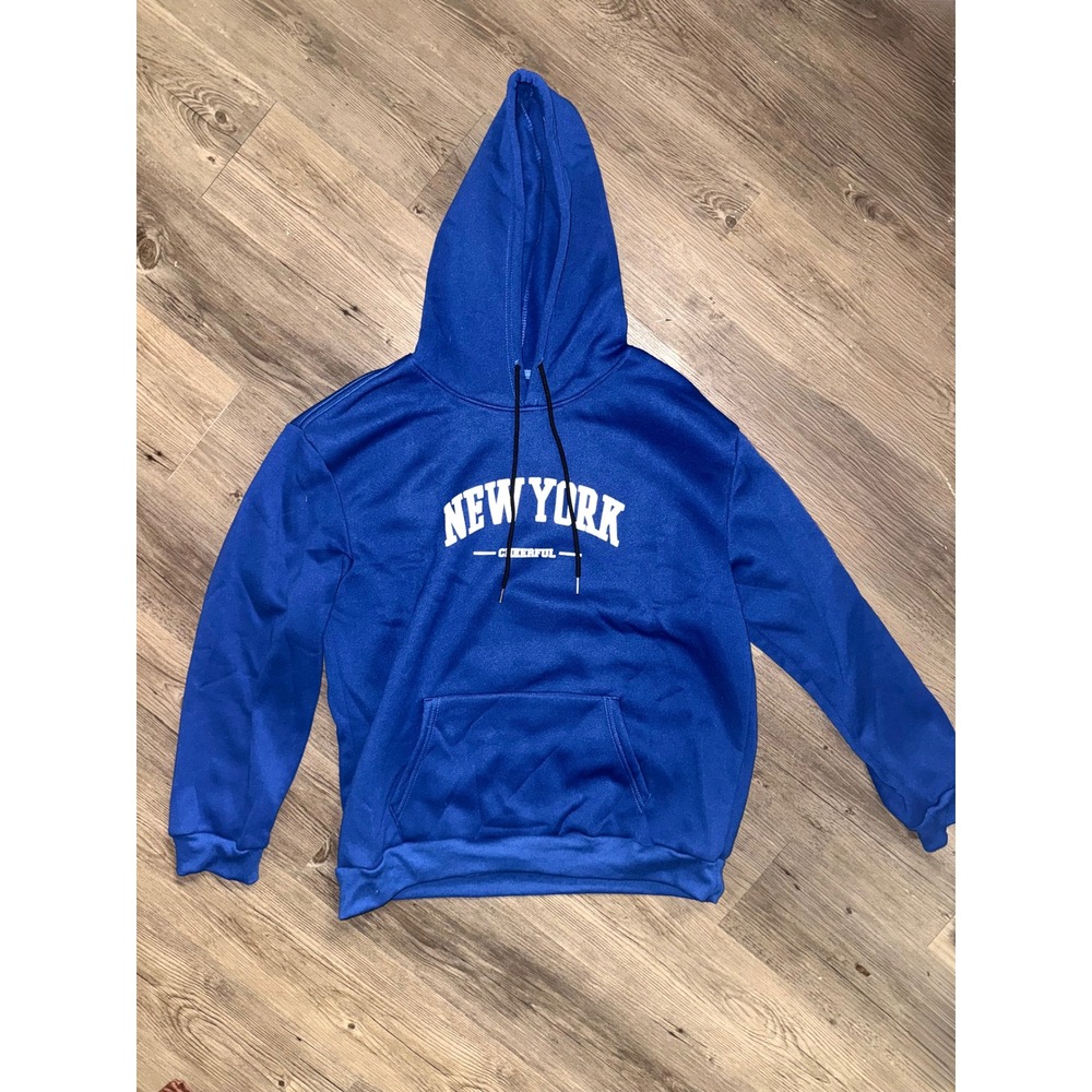 Manfinity Mens New York Cheerful Graphic Hoodie Royal Blue Fleece XL